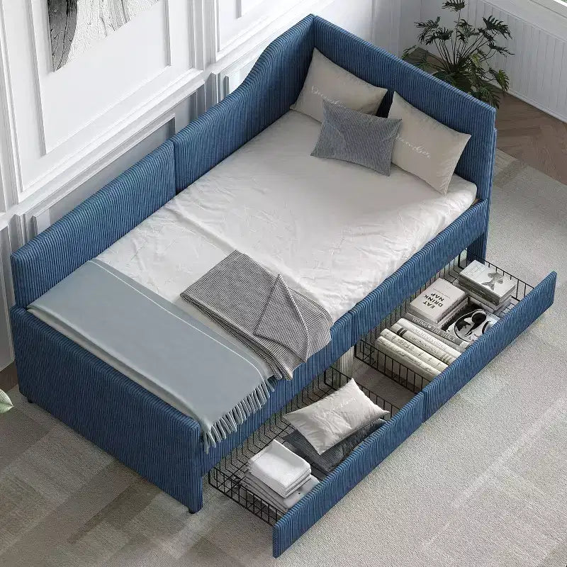Lit plateforme moderne double en forme de L avec tiroirs de rangement, lit de repos rembourré pour chambre à coucher, chambre d'enfant