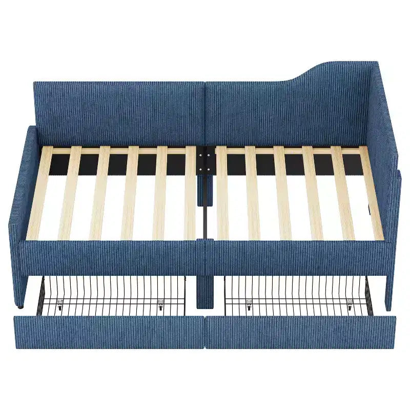 Lit plateforme moderne double en forme de L avec tiroirs de rangement, lit de repos rembourré pour chambre à coucher, chambre d'enfant