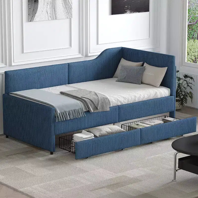 Okak Twin Modern L-Shaped Platform Bed Frame with Storage Drawers,Upholstered Daybed Sofa Bed for Bedroom,Kids Room