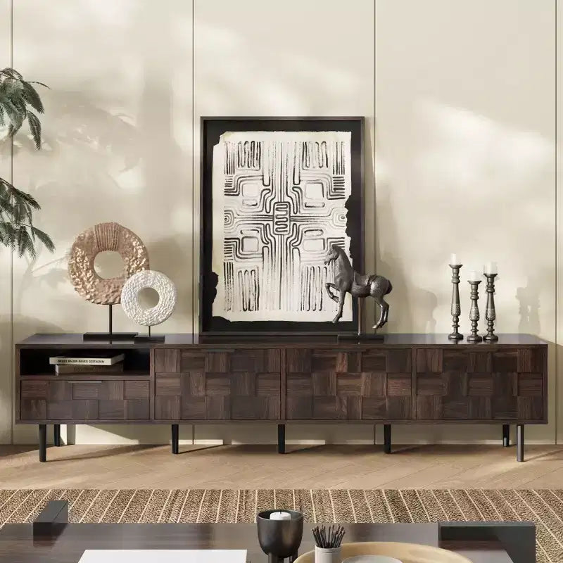 Meuble TV noyer de 200 cm pour TV de 65+ pouces, console TV avec rangements pour salon