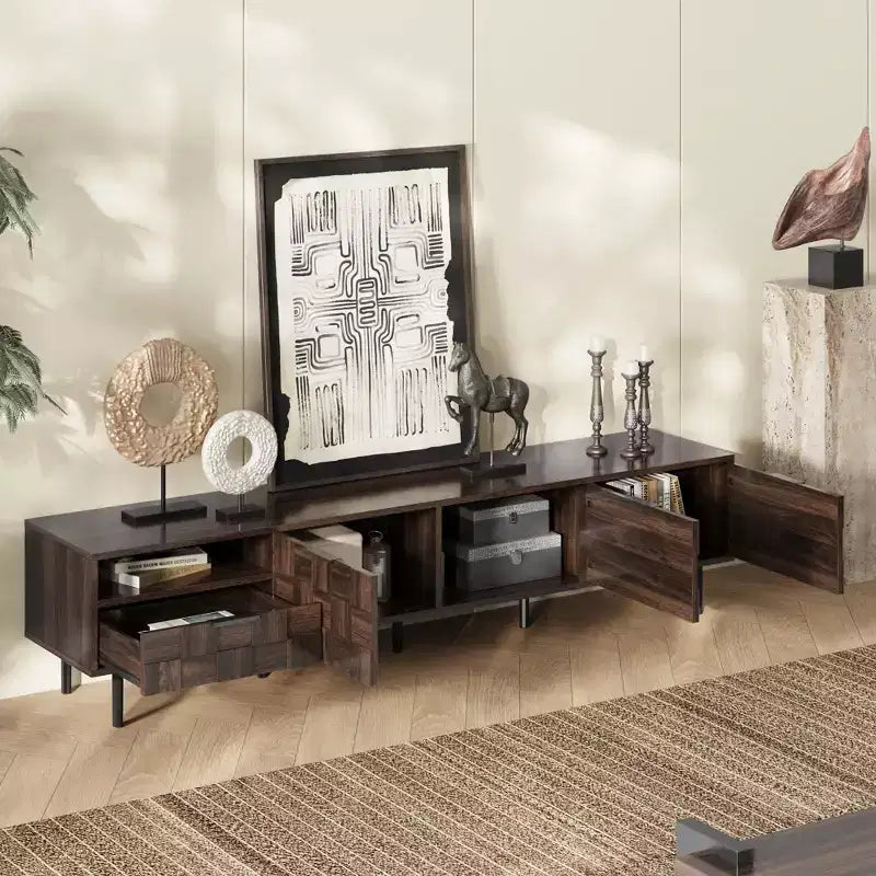 Meuble TV noyer de 200 cm pour TV de 65+ pouces, console TV avec rangements pour salon