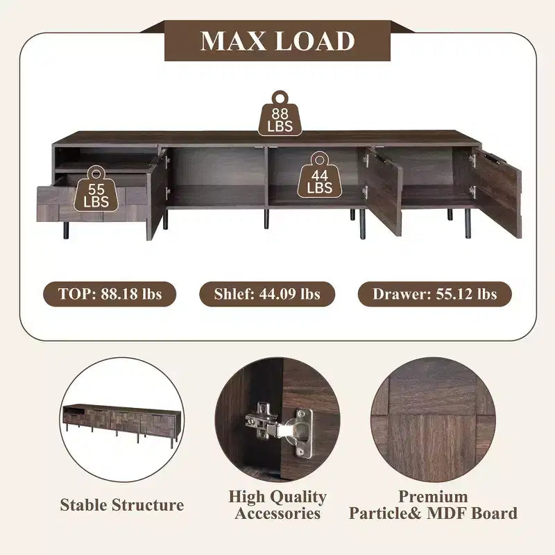 Meuble TV noyer de 200 cm pour TV de 65+ pouces, console TV avec rangements pour salon