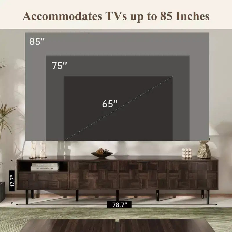 Meuble TV noyer de 200 cm pour TV de 65+ pouces, console TV avec rangements pour salon