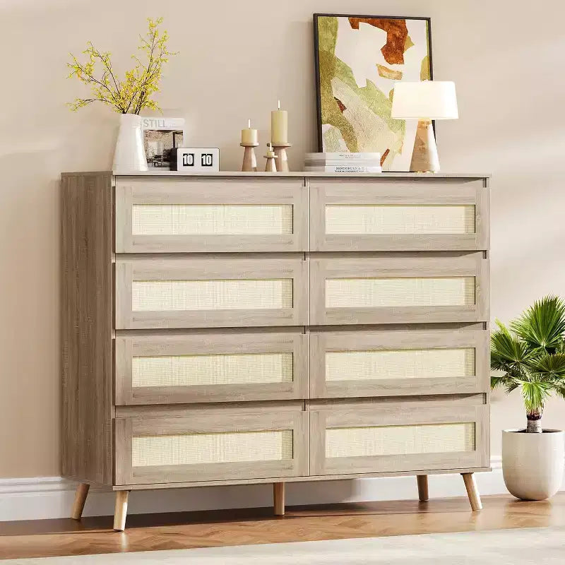 47.2 Wide 8-Drawer Rattan Dresser - Modern Wooden Chest & TV Stand for Bedroom, Living Room, Hallway & Entryway in Natural.