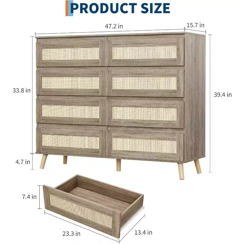 Commode en rotin à 8 tiroirs de 120 cm de large – Meuble TV et de rangement moderne en bois pour chambre, salon, couloir et entrée, coloris naturel.