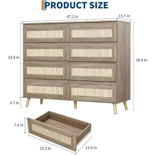 Commode en rotin à 8 tiroirs de 120 cm de large – Meuble TV et de rangement moderne en bois pour chambre, salon, couloir et entrée, coloris naturel.
