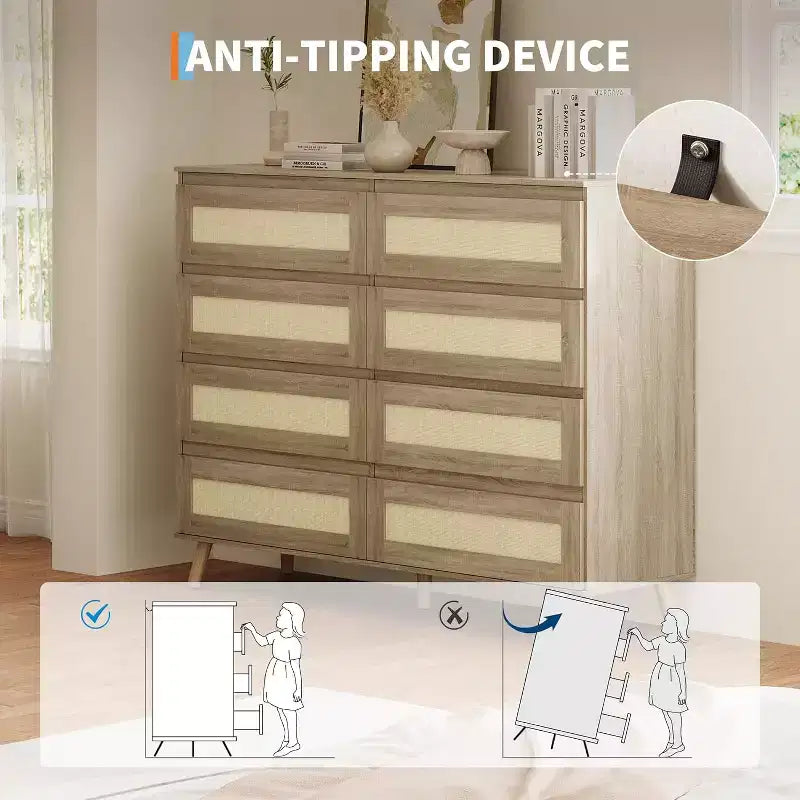 Commode en rotin à 8 tiroirs de 120 cm de large – Meuble TV et de rangement moderne en bois pour chambre, salon, couloir et entrée, coloris naturel.