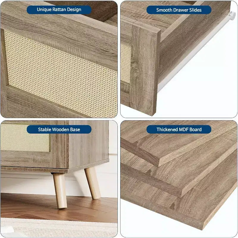 Commode en rotin à 8 tiroirs de 120 cm de large – Meuble TV et de rangement moderne en bois pour chambre, salon, couloir et entrée, coloris naturel.