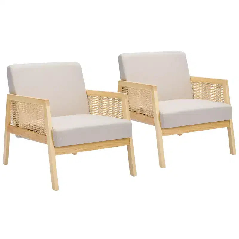 Modern Accent Chair with Rattan Armrests, Upholstered Linen Armchair with Wooden Legs, 300 LBS Capacity, Lounge Chair for Living Room, Reading Nook