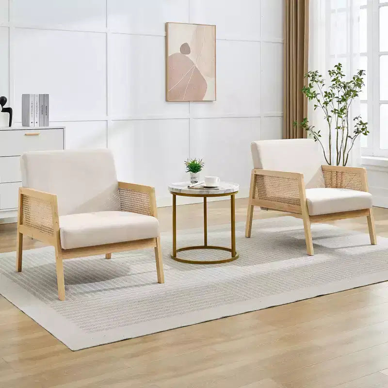 Fauteuil moderne avec accoudoirs en rotin, fauteuil en lin rembourré avec pieds en bois, capacité de 136 kg, fauteuil de salon, coin lecture