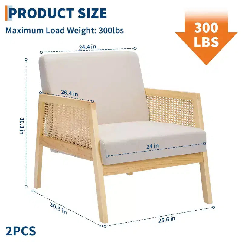 Fauteuil moderne avec accoudoirs en rotin, fauteuil en lin rembourré avec pieds en bois, capacité de 136 kg, fauteuil de salon, coin lecture