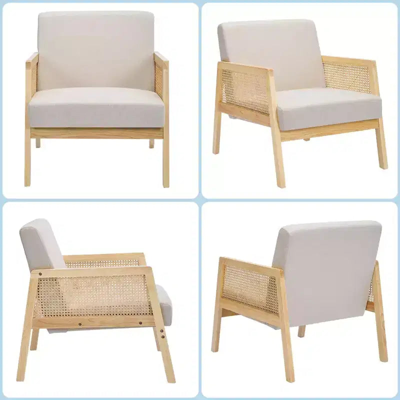 Fauteuil moderne avec accoudoirs en rotin, fauteuil en lin rembourré avec pieds en bois, capacité de 136 kg, fauteuil de salon, coin lecture