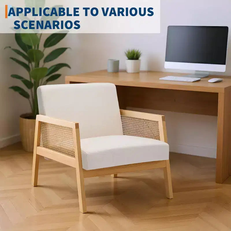 Fauteuil moderne avec accoudoirs en rotin, fauteuil en lin rembourré avec pieds en bois, capacité de 136 kg, fauteuil de salon, coin lecture