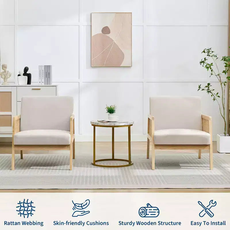Fauteuil moderne avec accoudoirs en rotin, fauteuil en lin rembourré avec pieds en bois, capacité de 136 kg, fauteuil de salon, coin lecture