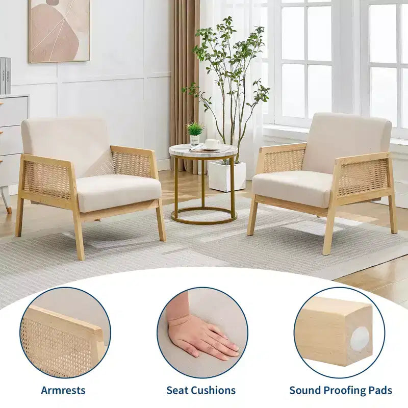 Fauteuil moderne avec accoudoirs en rotin, fauteuil en lin rembourré avec pieds en bois, capacité de 136 kg, fauteuil de salon, coin lecture
