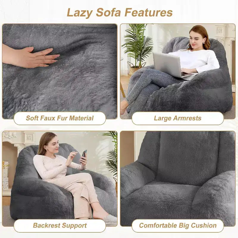 Fauteuil poire extra large en fausse fourrure, chaise longue de sol moelleuse avec poignée pour salon, confort surdimensionné pour adultes, durable et facile à déplacer