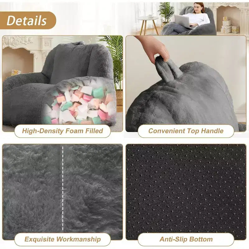 Fauteuil poire extra large en fausse fourrure, chaise longue de sol moelleuse avec poignée pour salon, confort surdimensionné pour adultes, durable et facile à déplacer