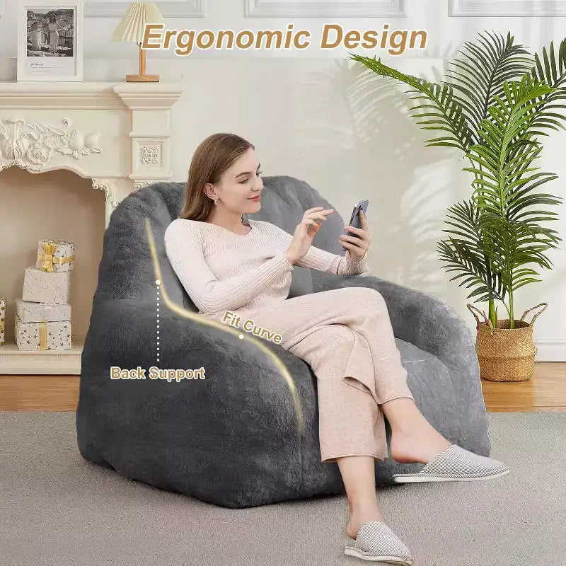 Fauteuil poire extra large en fausse fourrure, chaise longue de sol moelleuse avec poignée pour salon, confort surdimensionné pour adultes, durable et facile à déplacer