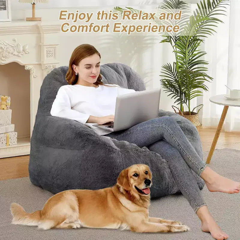 Fauteuil poire extra large en fausse fourrure, chaise longue de sol moelleuse avec poignée pour salon, confort surdimensionné pour adultes, durable et facile à déplacer