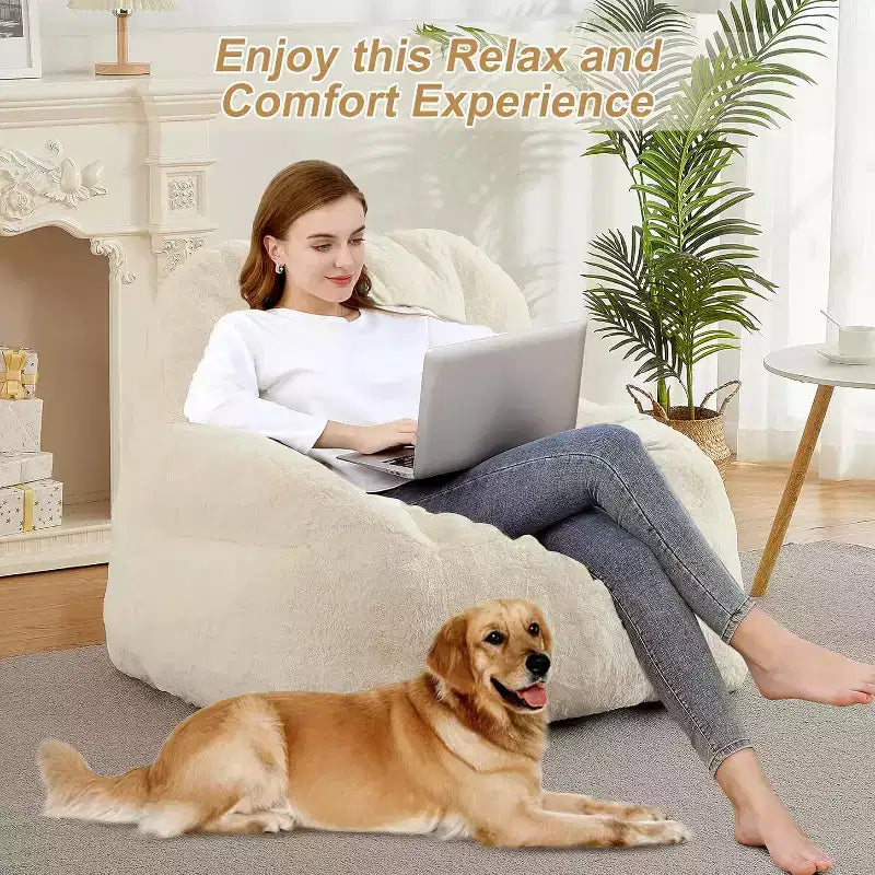 Fauteuil poire extra large en fausse fourrure, chaise longue de sol moelleuse avec poignée pour salon, confort surdimensionné pour adultes, durable et facile à déplacer