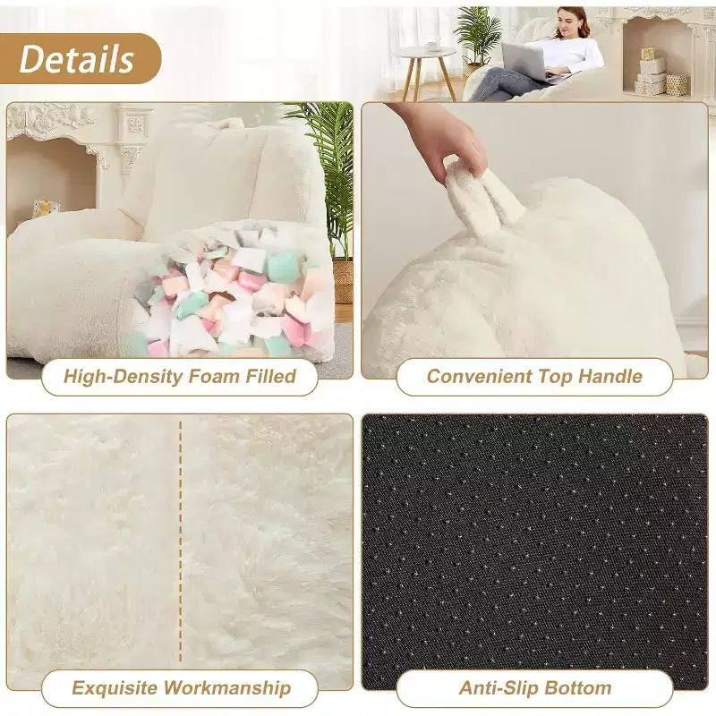 Fauteuil poire extra large en fausse fourrure, chaise longue de sol moelleuse avec poignée pour salon, confort surdimensionné pour adultes, durable et facile à déplacer