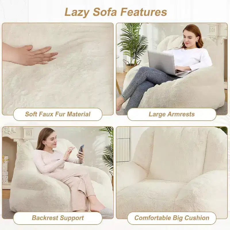 Fauteuil poire extra large en fausse fourrure, chaise longue de sol moelleuse avec poignée pour salon, confort surdimensionné pour adultes, durable et facile à déplacer
