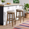 Lot de 2 tabourets de bar rembourrés en polyester marron, structure en bois d'hévéa, hauteur d'assise fixe 76 cm