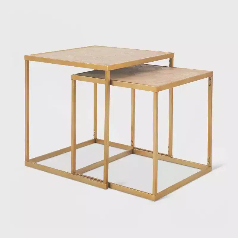 Set of 2 Friedman Accent Tables Gold - Finch: Nesting, Parquet Top, European Flair, Metal Frame, Wood Veneer