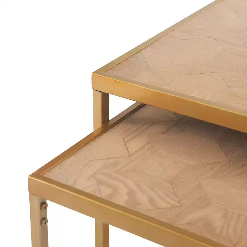 Lot de 2 tables d'appoint gigognes dorées, dessus parquet, style européen, structure métallique, placage bois