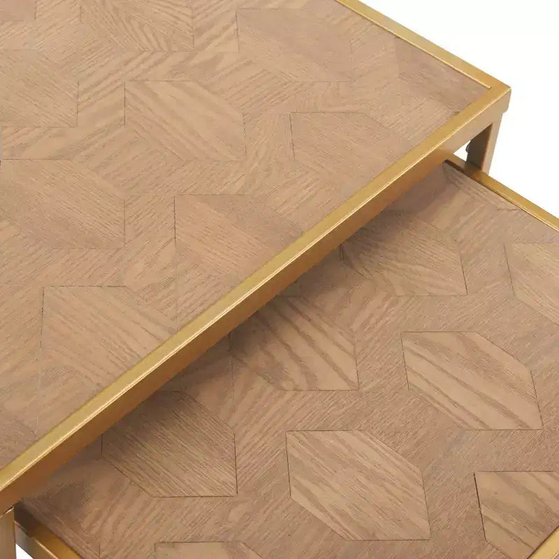 Lot de 2 tables d'appoint gigognes dorées, dessus parquet, style européen, structure métallique, placage bois