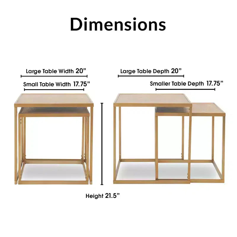 Lot de 2 tables d'appoint gigognes dorées, dessus parquet, style européen, structure métallique, placage bois