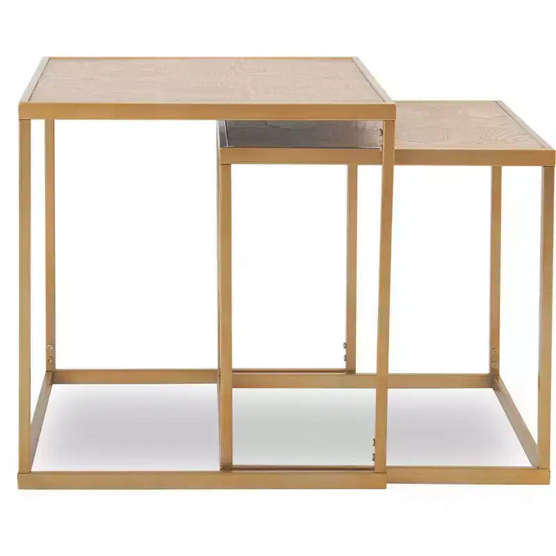 Lot de 2 tables d'appoint gigognes dorées, dessus parquet, style européen, structure métallique, placage bois