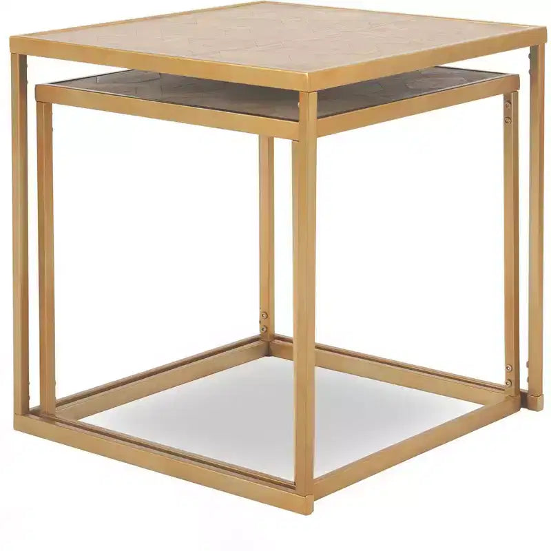 Lot de 2 tables d'appoint gigognes dorées, dessus parquet, style européen, structure métallique, placage bois