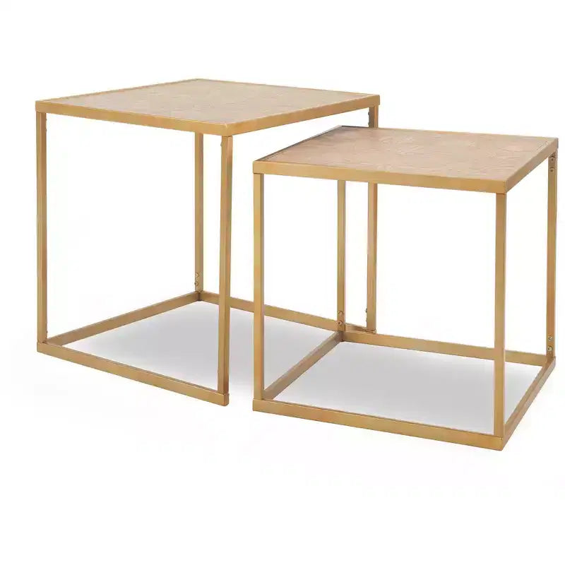 Lot de 2 tables d'appoint gigognes dorées, dessus parquet, style européen, structure métallique, placage bois