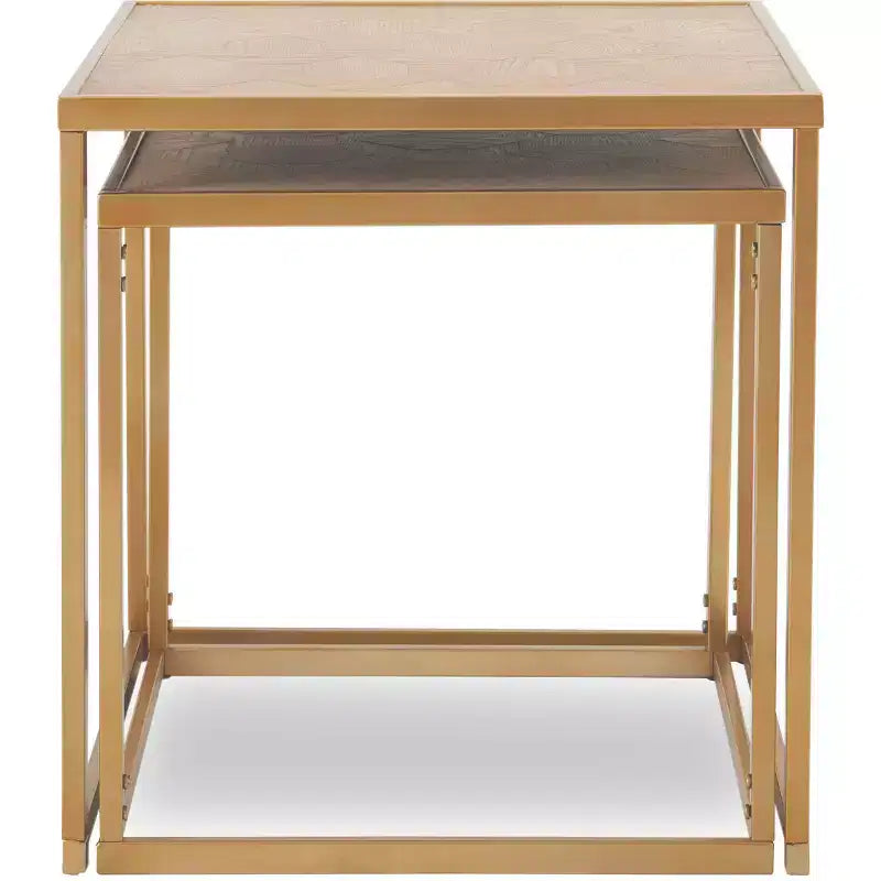 Lot de 2 tables d'appoint gigognes dorées, dessus parquet, style européen, structure métallique, placage bois